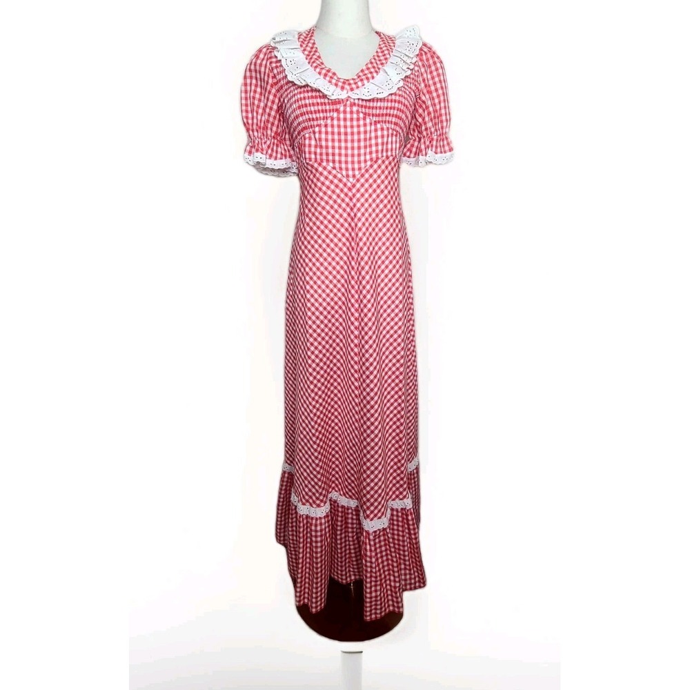 Vtg Jody T Of California Red Gingham Maxi Cottage Prarie‎ Puff Sleeve Dress 70s - Picture 1 of 8